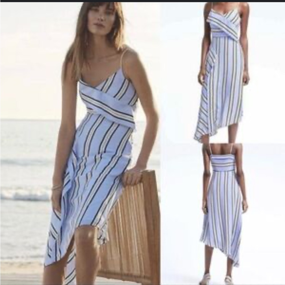 Banana Republic Blue Striped Asymmetrical Strappy Side Zip Midi Skirt Sz 12